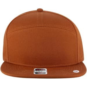 A mid-profile snapback cap in a warm orange colour with a flat brim and a logo on the front.