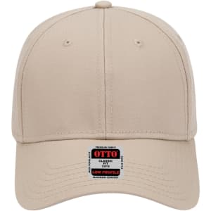 A low profile baseball cap in beige featuring a branding label at the front.