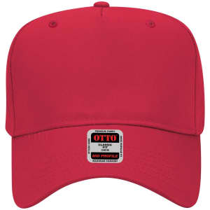 A red 5 panel mid crown baseball cap featuring a logo on the front.