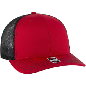 A red and black 6 panel mid profile trucker cap with a mesh back and a logo on the front.