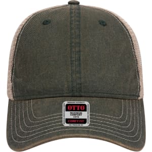 A soft, low-profile, six-panel polyester baseball cap in green with a contrasting beige mesh back. It has a logo displayed.