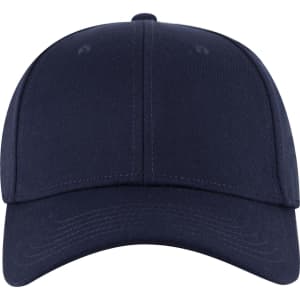 A navy blue six-panel low-profile baseball cap with a structured front and a logo on the front.