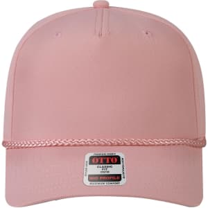 A pink 5 panel mid-profile baseball cap featuring a braided band and a small logo.