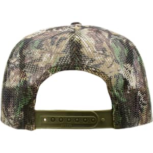 A high crown trucker cap featuring a camo-patterned mesh back and an adjustable fastening.