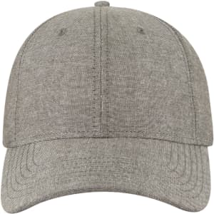 A grey 6 panel low profile baseball cap with a curved brim and a logo on the front.
