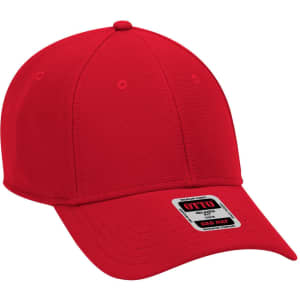 A red 6-panel low profile baseball cap with a curved brim and a branded label.