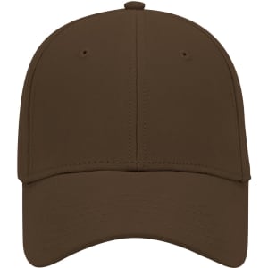 A brown 6 panel low profile baseball cap with a stitched brim and a logo on the front.