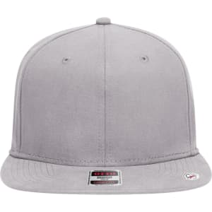 A grey mid-profile snapback cap with a flat brim and an embroidered logo on the side.