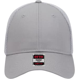 A grey six-panel low profile baseball cap with a mesh back and a logo on the front.