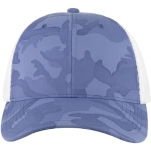 A low-profile trucker cap featuring a blue camouflage pattern with a white mesh back and a logo on the front.