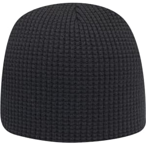 A black waffle rib knit beanie with a rounded top and a textured design. Features a logo on the side.