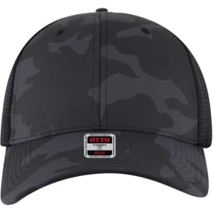 A grey camo Flex Fit 6 Panel Low Profile Trucker Cap with a branded tag on the front.
