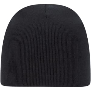 A black classic knit beanie with a ribbed texture and a simple design, featuring a logo.