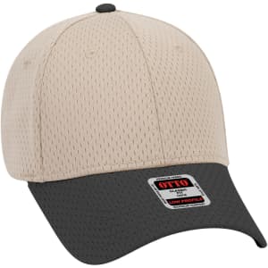 A low profile baseball cap featuring a beige top and dark grey brim, with a logo on the side.