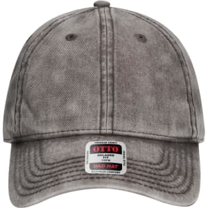 A grey 6-panel low profile dad cap with a relaxed fit and a branded label on the front.