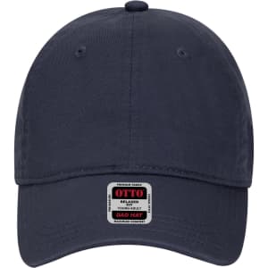 A navy blue 6-panel low profile dad cap featuring a branded tag on the front.