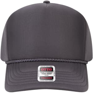 A grey 5 panel high crown full foam cap with a braided strap and a small logo on the front.