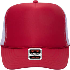 A red 5 panel high crown trucker cap with a mesh back and a branded label on the front.
