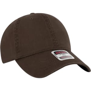 A brown low profile dad cap with a curved brim and a logo on the front.