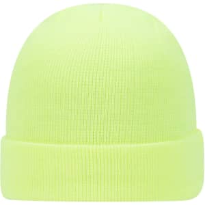 A classic knit beanie in bright yellow with a ribbed texture and a folded cuff. It features a logo.