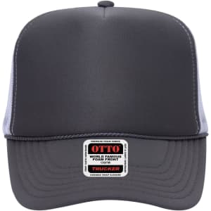 A 5-panel high crown trucker cap in grey with a foam front and mesh back, featuring a branded patch.