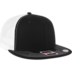 A 6 panel mid-profile trucker cap featuring a black front, white mesh back, and grey undervisor, with a logo.