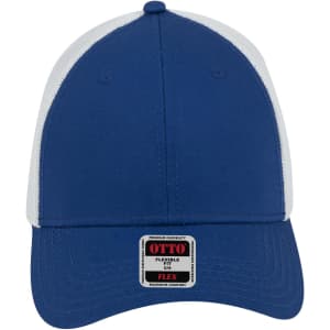 A blue and white 6 panel low profile trucker cap with a branded label on the front.