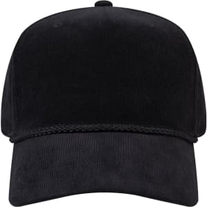 A black 5-panel mid profile baseball cap with a textured surface and a decorative cord across the front.