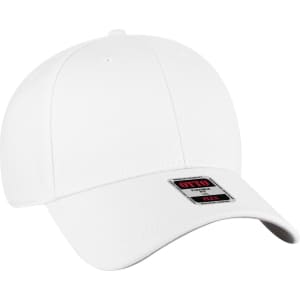 A white six-panel low profile baseball cap with a logo on the front.