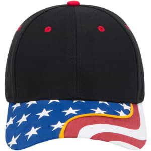 A black low profile baseball cap featuring a patterned brim with an American flag design and red accents.