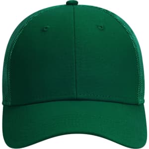 A green 6 Panel Low Profile Trucker Cap with mesh detailing and a blank front for customization.