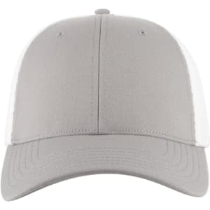 A grey low profile trucker cap with white mesh sides and a curved peak. Features a logo on the front.