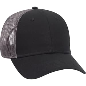 A black low profile trucker cap with a grey mesh back and a curved brim, featuring a logo on the front.