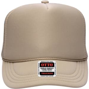 A high crown trucker cap in beige with a mesh back and a logo tag at the front.