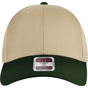 A low-profile baseball cap featuring a beige crown and a dark green brim, with a logo or branding on the front.