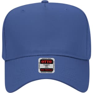 A mid crown baseball cap in blue with a label on the front and a curved brim.