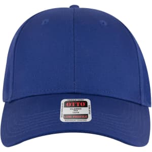 A blue 6 panel low profile baseball cap with a branded label on the front.