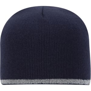A navy blue knit beanie with a reflective stripe at the bottom, featuring a logo.