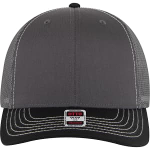 A grey mid-profile trucker cap featuring mesh panels and a contrasting black brim, with a logo on the front.