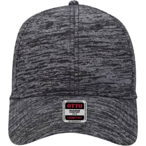 A grey textured baseball cap featuring a logo and a low-profile design.