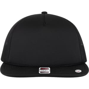 A black 5 panel style trucker cap with a structured front and mesh sides, featuring a logo on the label.