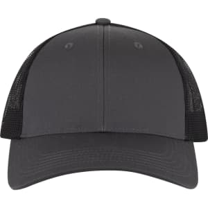 A six-panel low-profile trucker cap in solid dark grey, featuring mesh side panels and a curved brim.