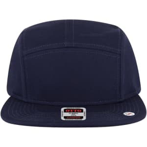 A navy 5 panel camper hat with a flat brim and a logo on the front.