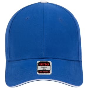 A blue six-panel low profile baseball cap with a white trim and a logo on the front.