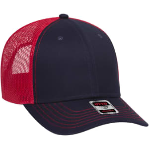 A 6 panel low profile trucker cap in navy and red, featuring mesh sides and a branded patch on the front.