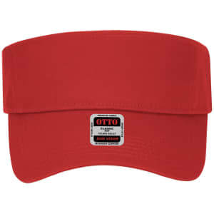 A red youth sun visor with a wide brim and a logo tag at the front.