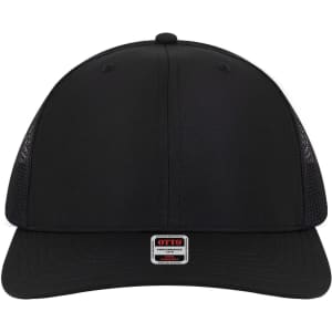 A black mid-profile trucker cap featuring a mesh back and a small logo on the front.