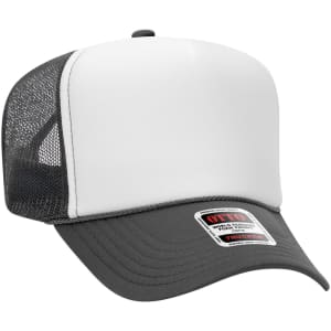 A high crown trucker cap in grey and white, featuring a mesh back and a branded label on the front.