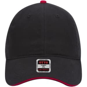 A black low-profile baseball cap with a red brim and a logo on the front.