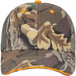 A camo-patterned trucker cap featuring a low profile design, with an orange accent on the brim. It has a logo.